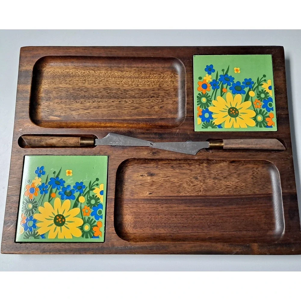 Vitage Cheese Cracker Board Imperial  Floral Hand Carved Hard Wood‎ Japan 14.5